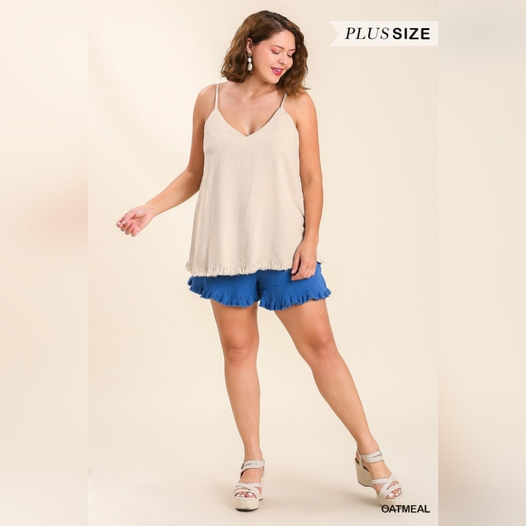 Cute Linen Blend V-Neck Tank Top w Ruffle Hem & Adjustable Spaghetti Straps - Picture 10 of 13